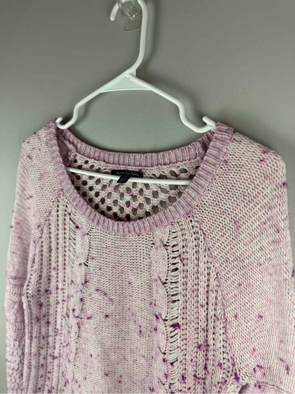 American Eagle Womens Light Lavender Crochet Wool Blend Long Sleeve Sweater SZ S